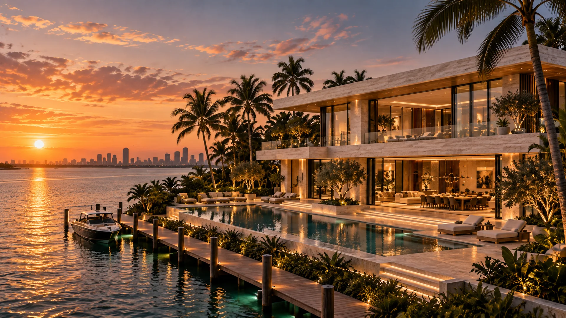 Waterfront home at sunset
